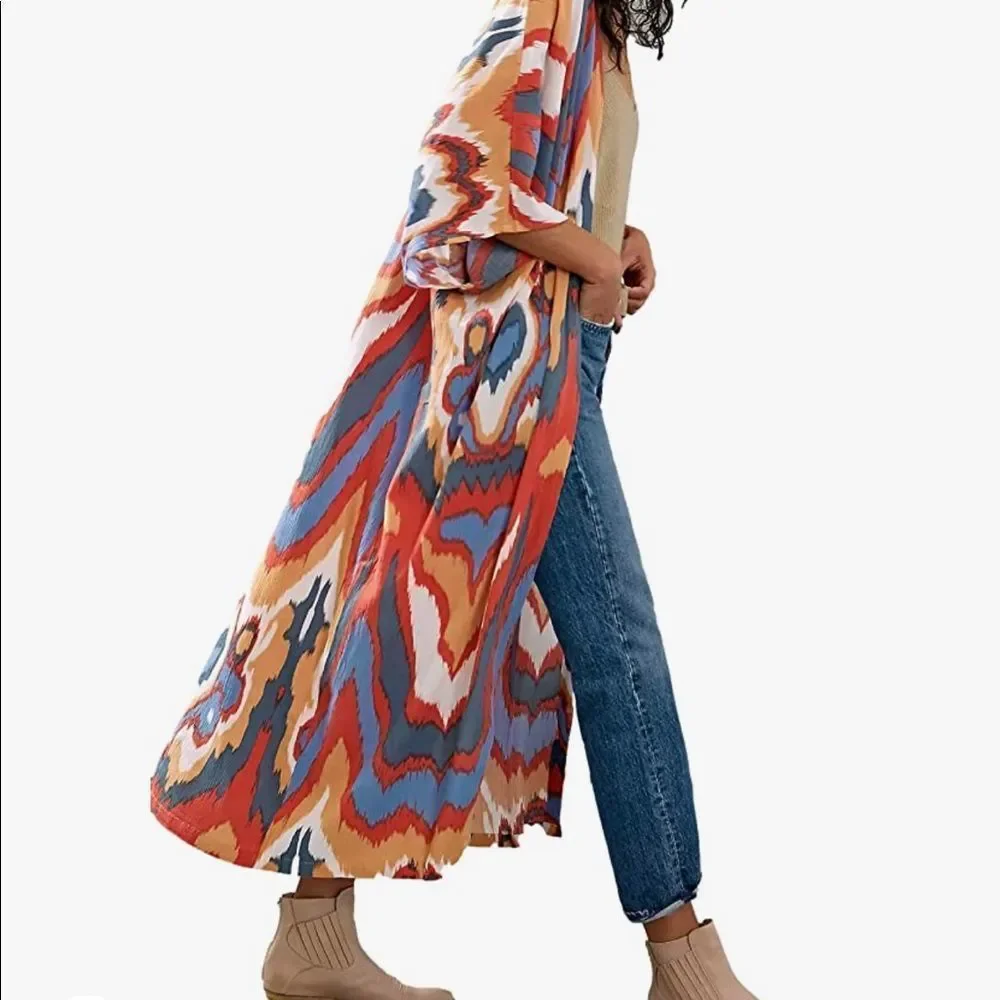 Multicolor Open Longline Three Quarter Sleeve Kimono Duster - Picture 1 of 15